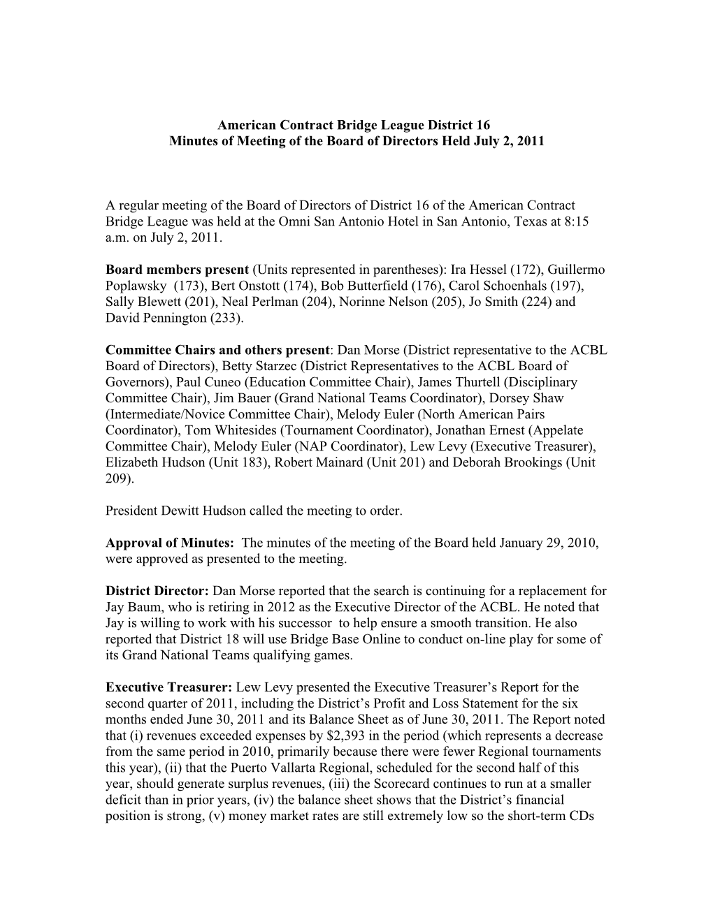 American Contract Bridge League District 16 Minutes of Meeting of the Board of Directors Held July 2, 2011