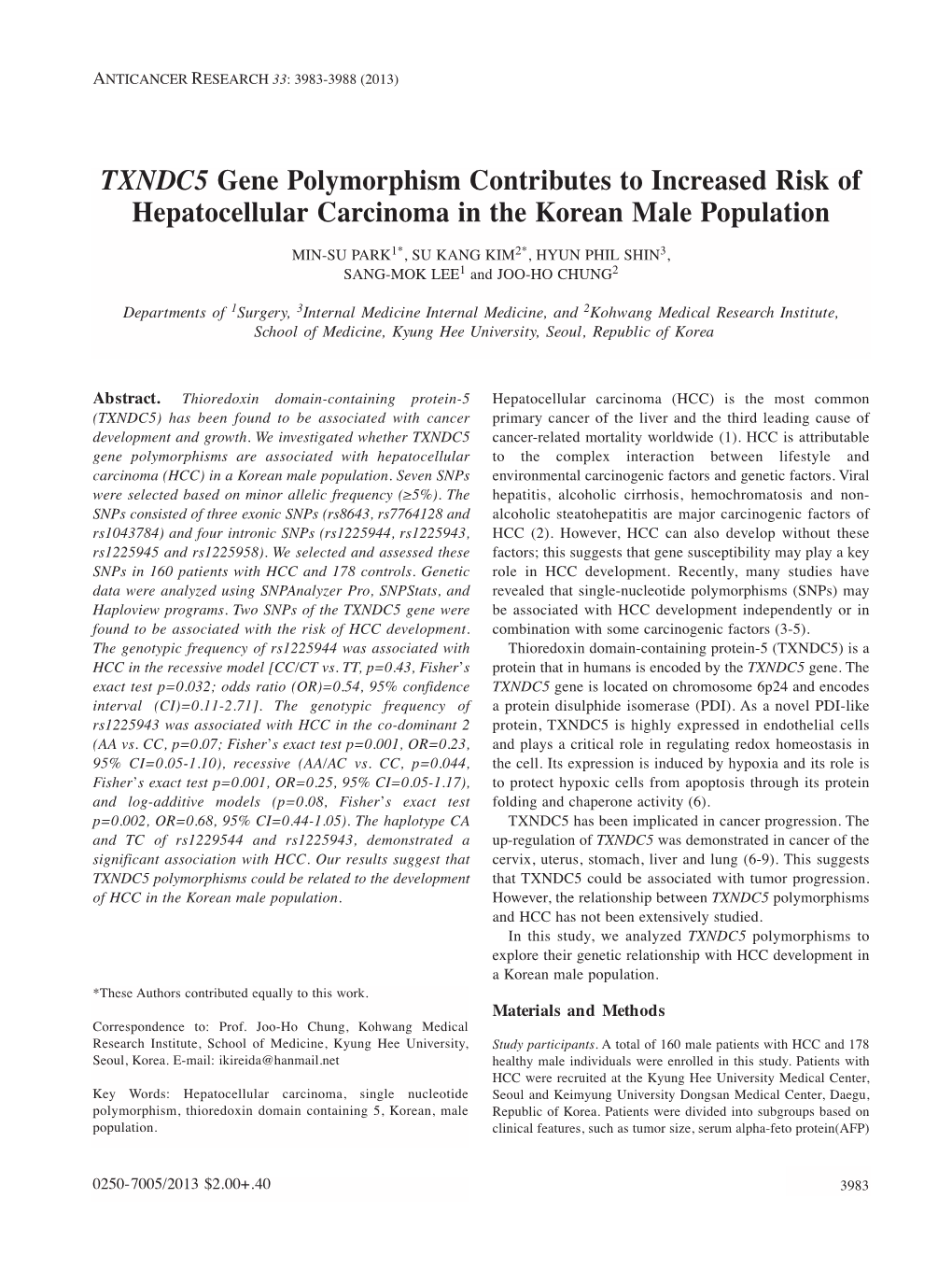 TXNDC5 Gene Polymorphism Contributes to Increased Risk of Hepatocellular Carcinoma in the Korean Male Population