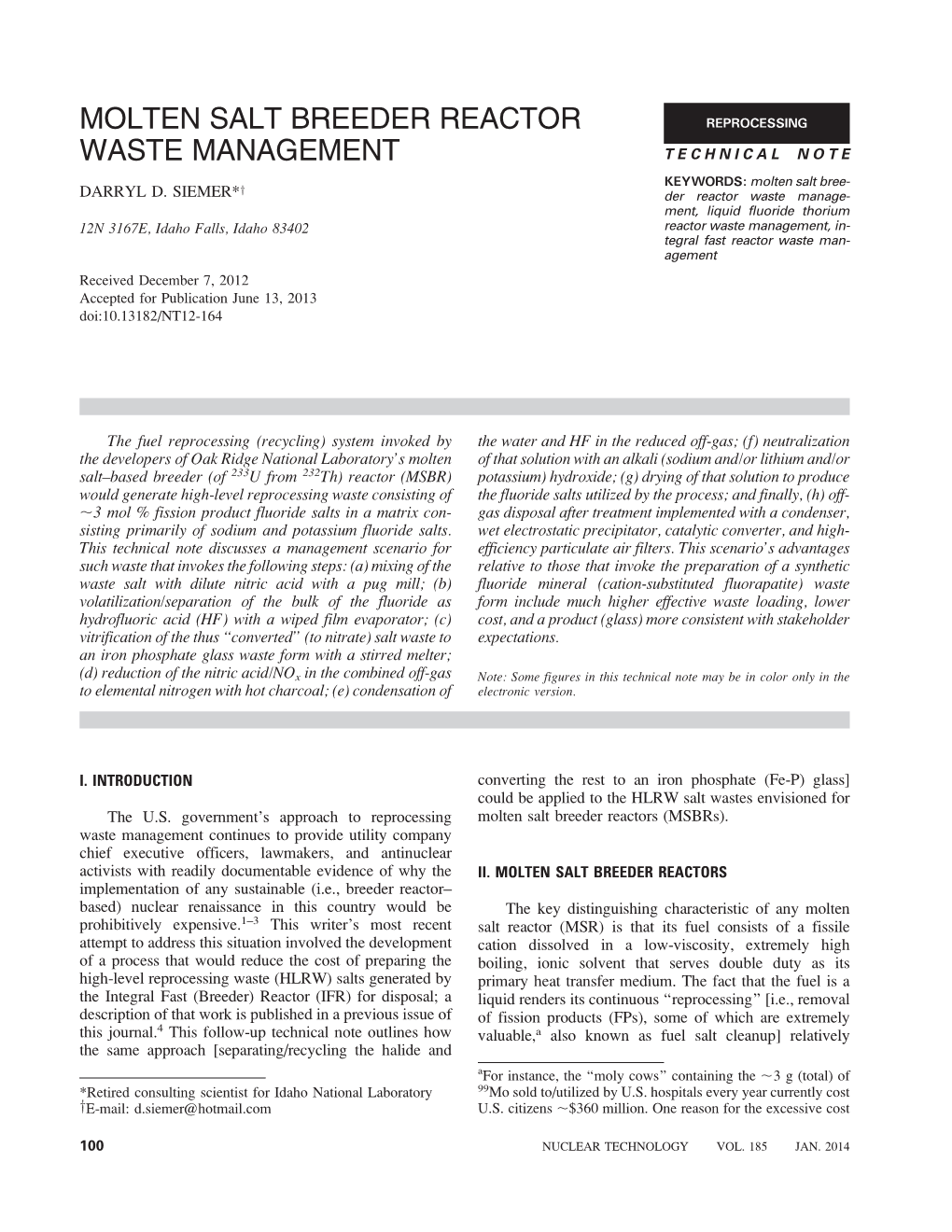 MOLTEN SALT BREEDER REACTOR WASTE MANAGEMENT Simple, Which in Turn Means That It Should Be Possible 2