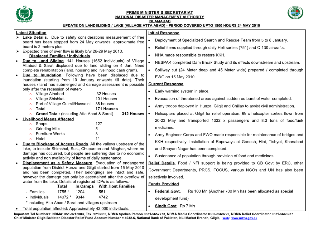 Update on Landsliding / Lake (Village Atta Abad) - Period Covered Upto 1800 Hours 24 May 2010