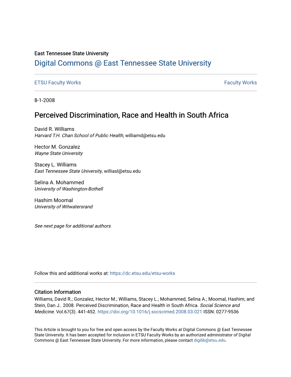 Perceived Discrimination, Race and Health in South Africa