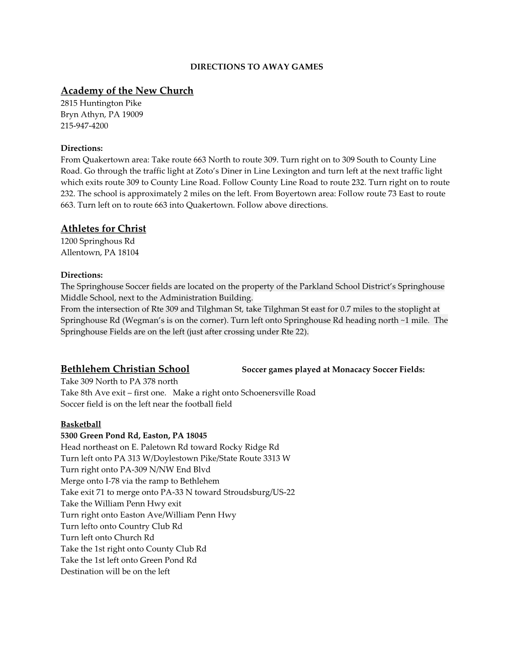 Academy of the New Church Athletes for Christ Bethlehem Christian School