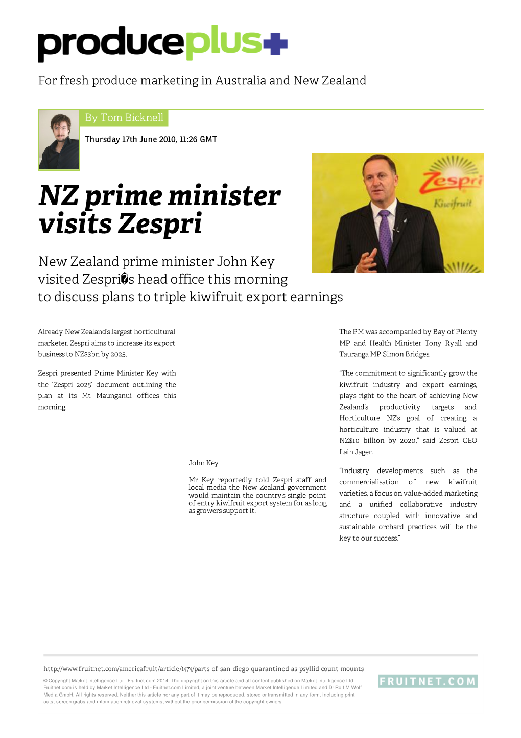 NZ Prime Minister Visits Zespri