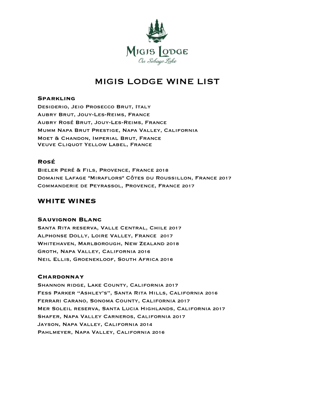Migis Lodge Wine List