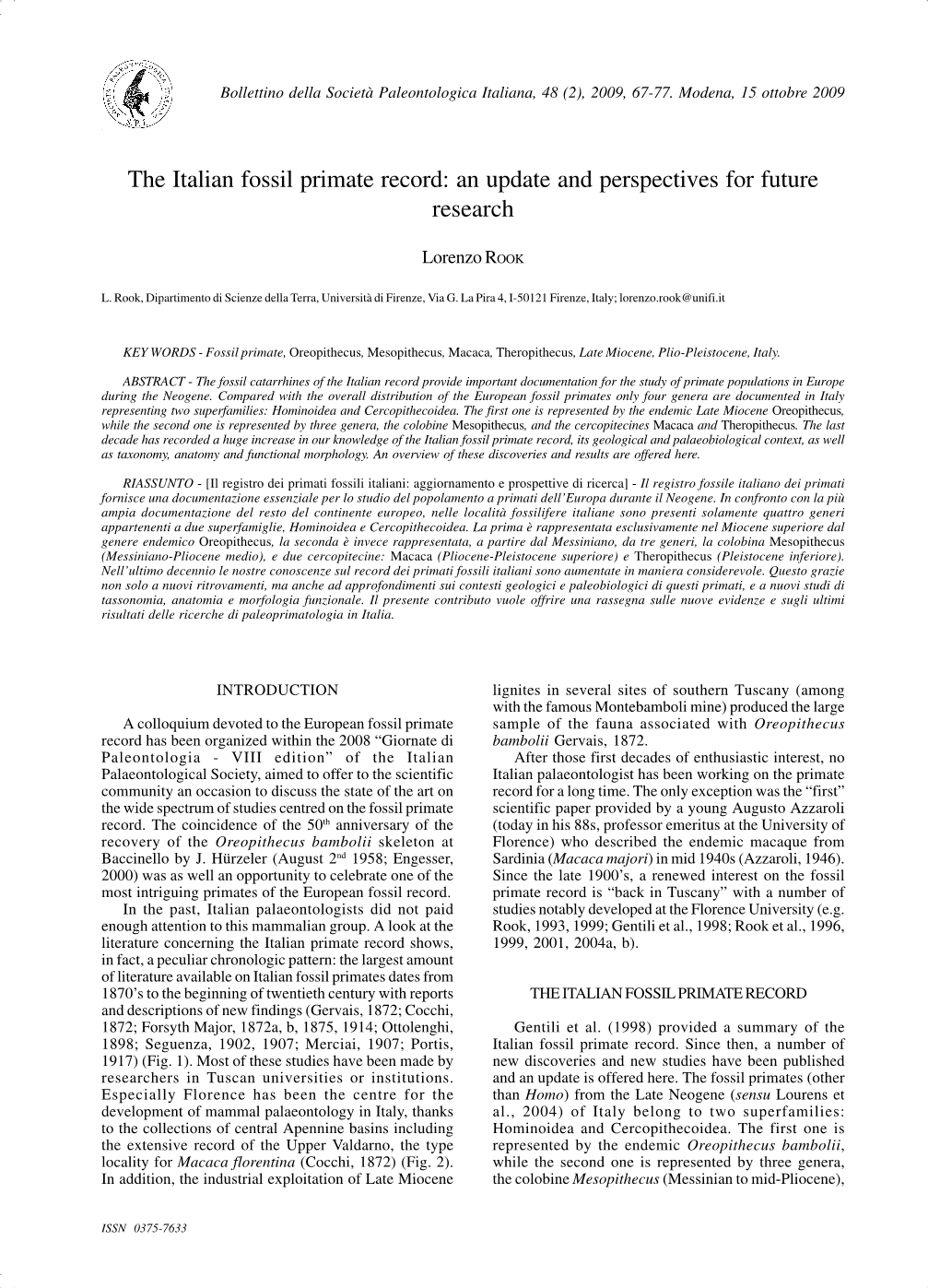 The Italian Fossil Primate Record: an Update and Perspectives for Future Research