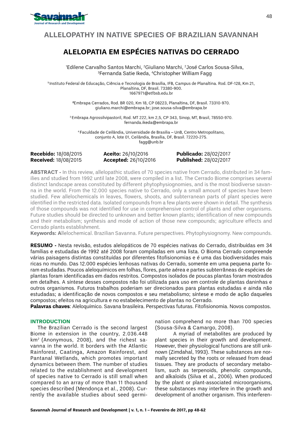 Allelopathy in Native Species of Brazilian Savannah