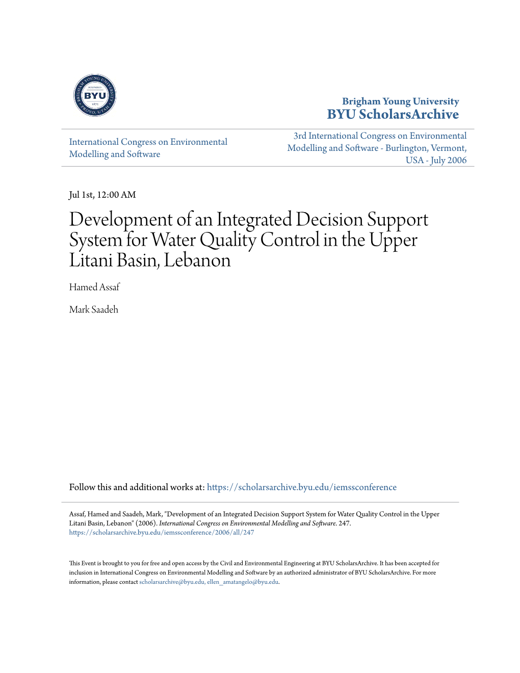 Development of an Integrated Decision Support System for Water Quality Control in the Upper Litani Basin, Lebanon Hamed Assaf