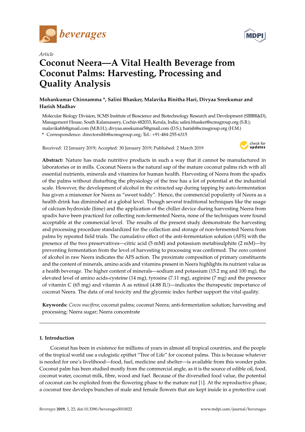 Coconut Neera—A Vital Health Beverage from Coconut Palms: Harvesting, Processing and Quality Analysis