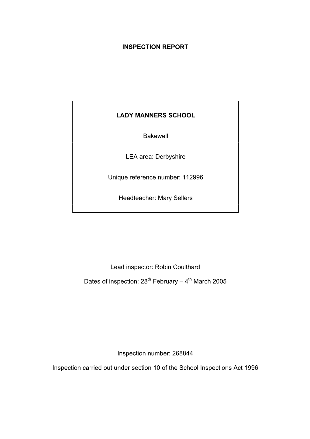 INSPECTION REPORT LADY MANNERS SCHOOL Bakewell LEA