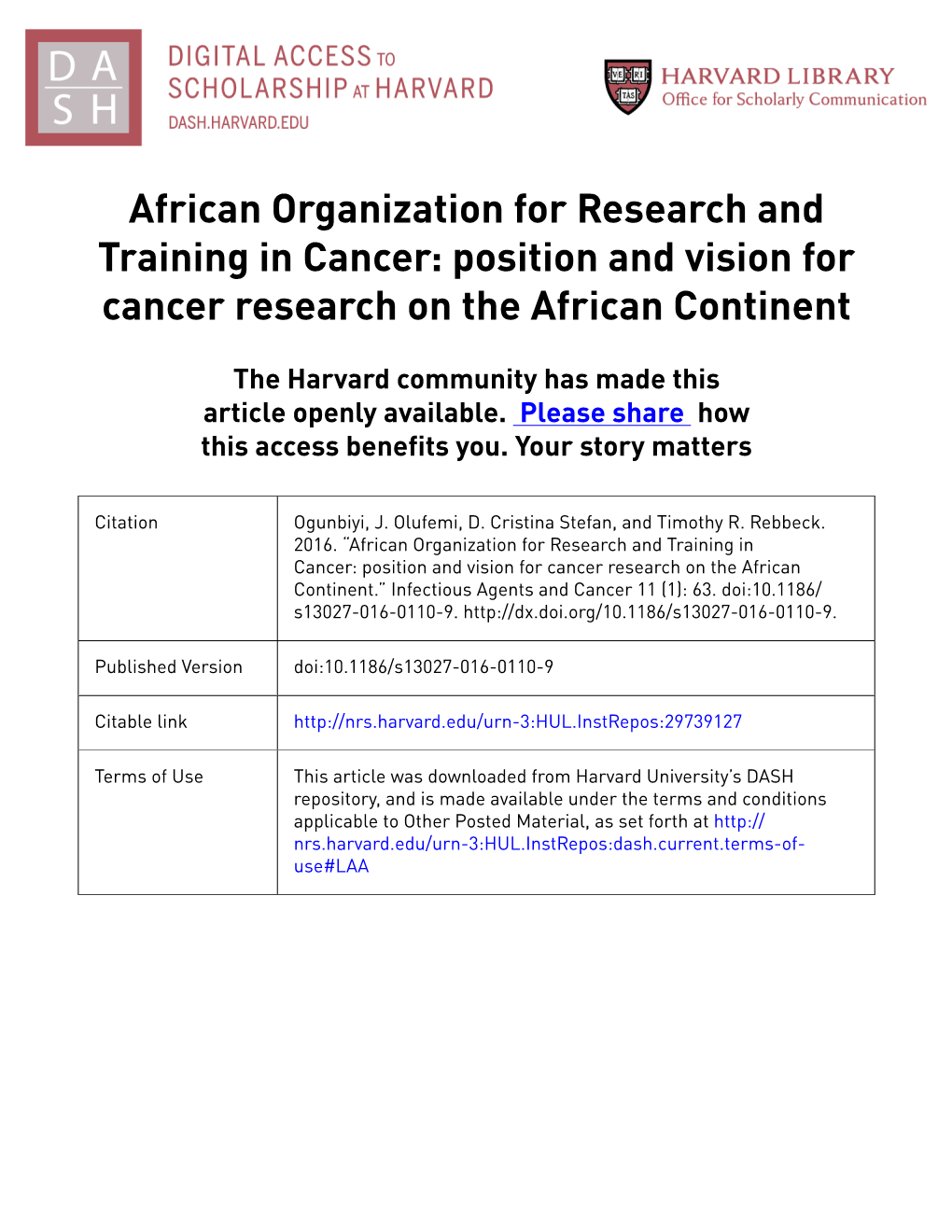 Position and Vision for Cancer Research on the African Continent