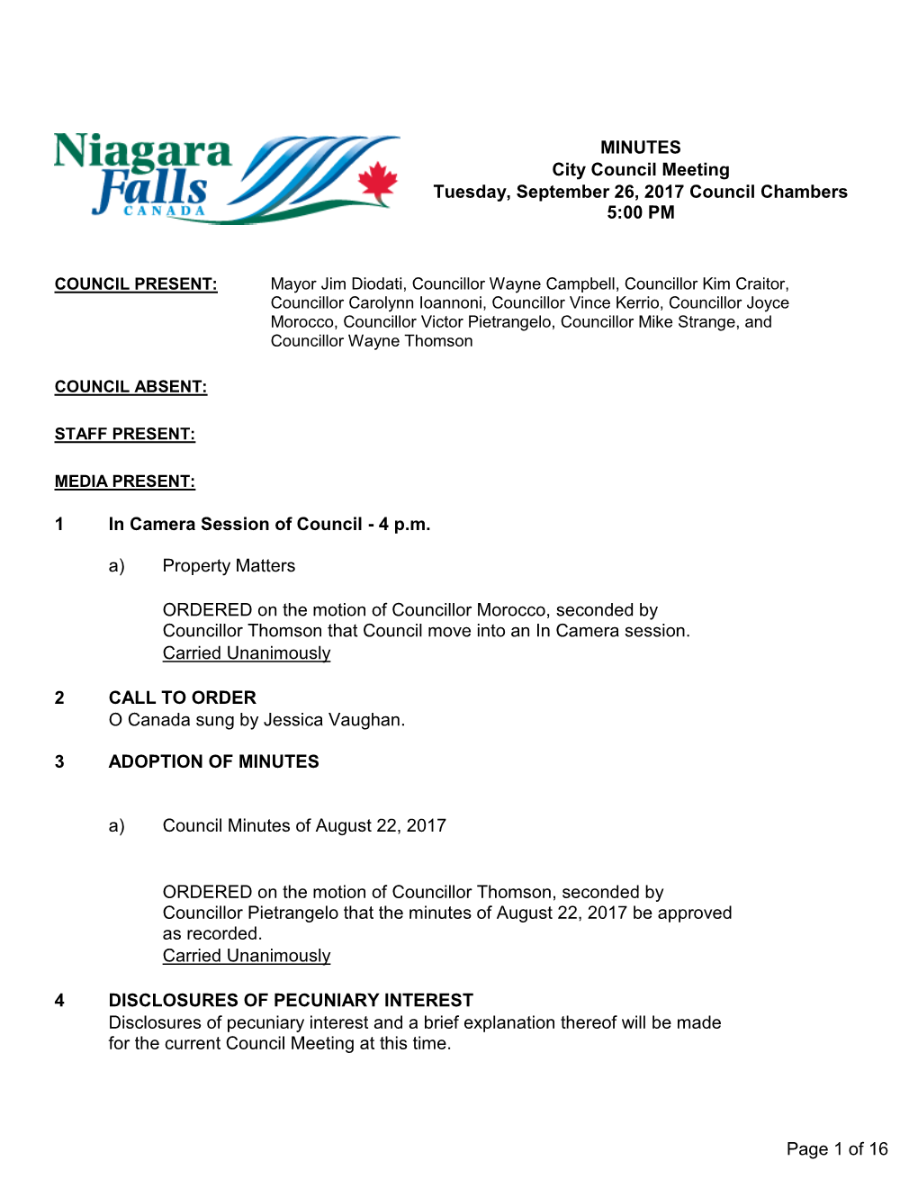 City Council Meeting Tuesday, September 26, 2017 Council Chambers 5:00 PM