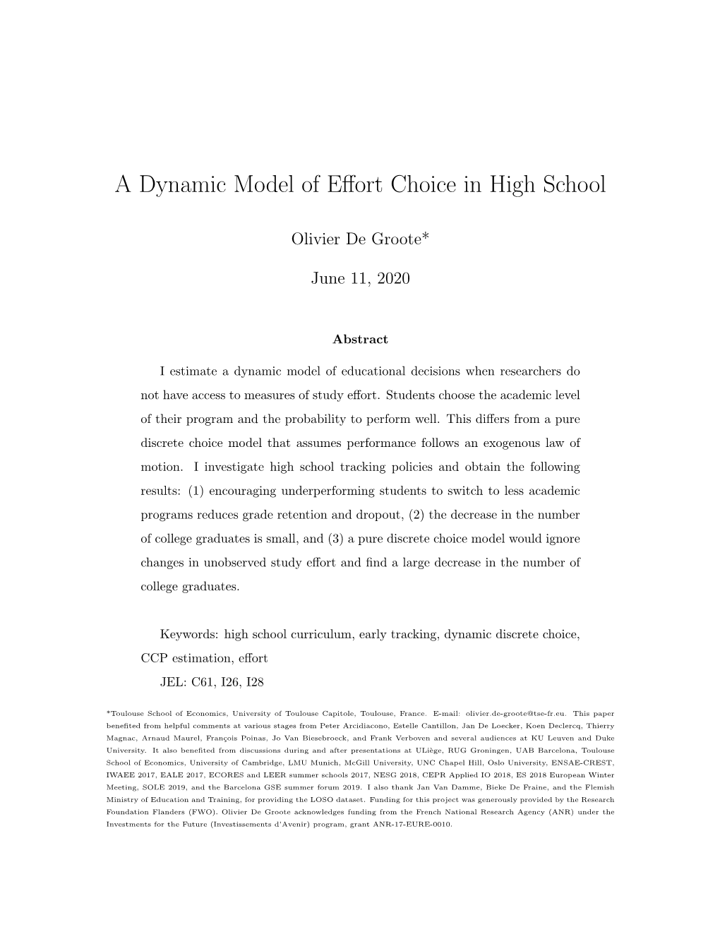 A Dynamic Model of Effort Choice in High School