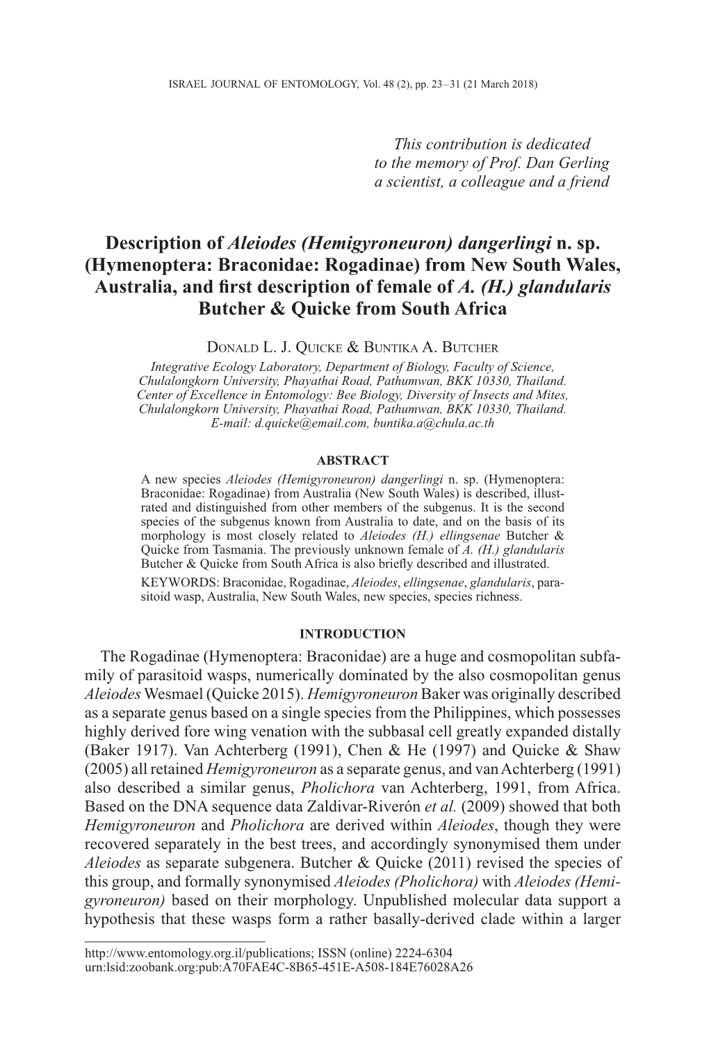 Aleiodes (Hemigyroneuron) Dangerlingi N. Sp. (Hymenoptera: Braconidae: Rogadinae) from New South Wales, Australia, and First Description of Female of A