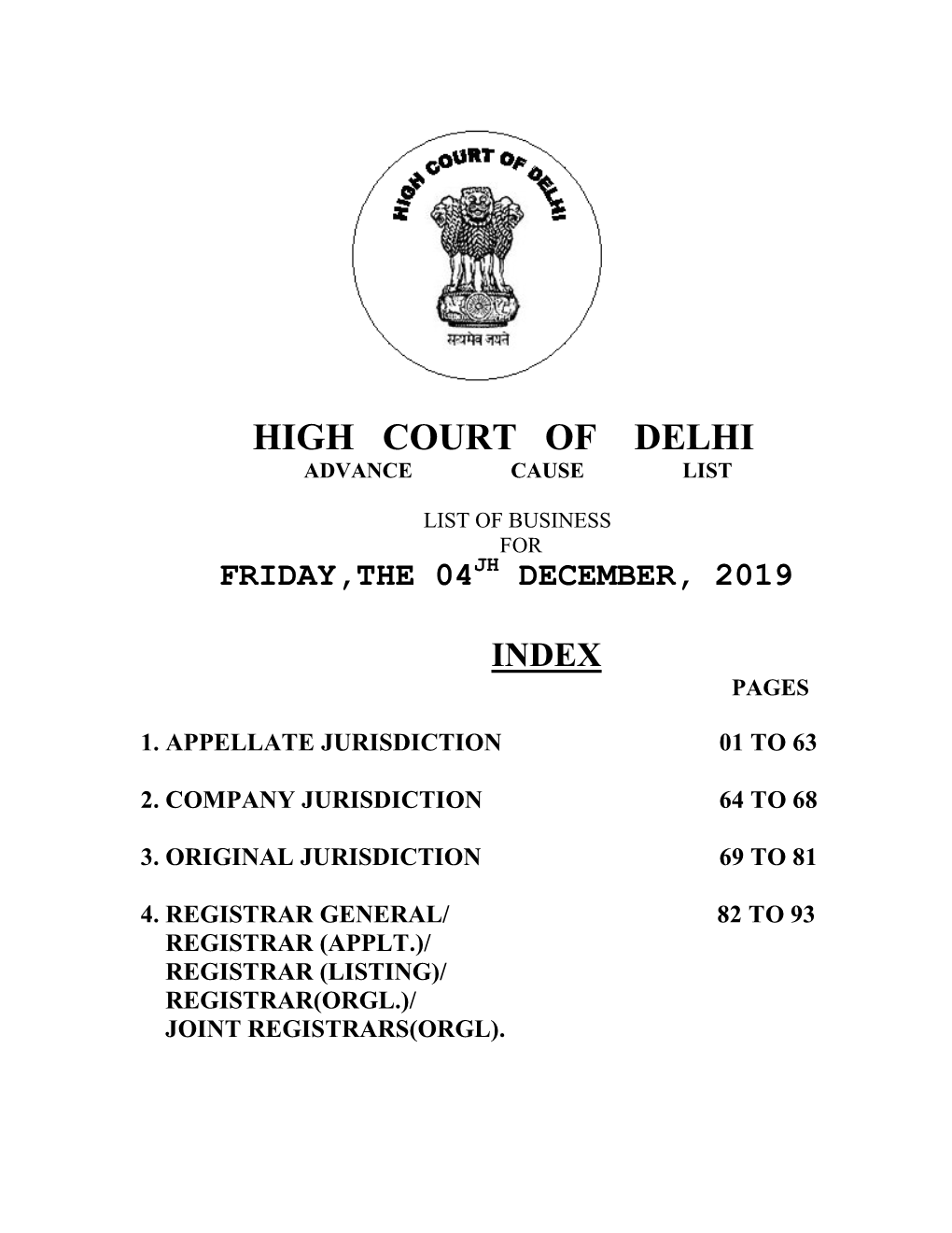 High Court of Delhi Advance Cause List