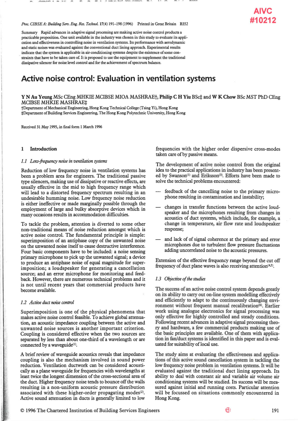 AIVC Active Noise Control: Evaluation in Ventilation Systems