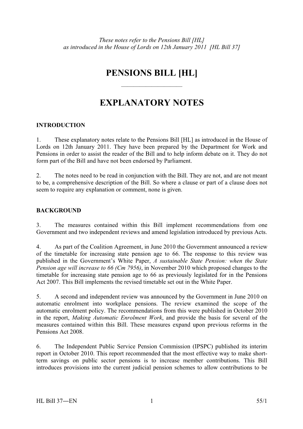 Pensions Bill [HL] As Introduced in the House of Lords on 12Th January 2011 [HL Bill 37]