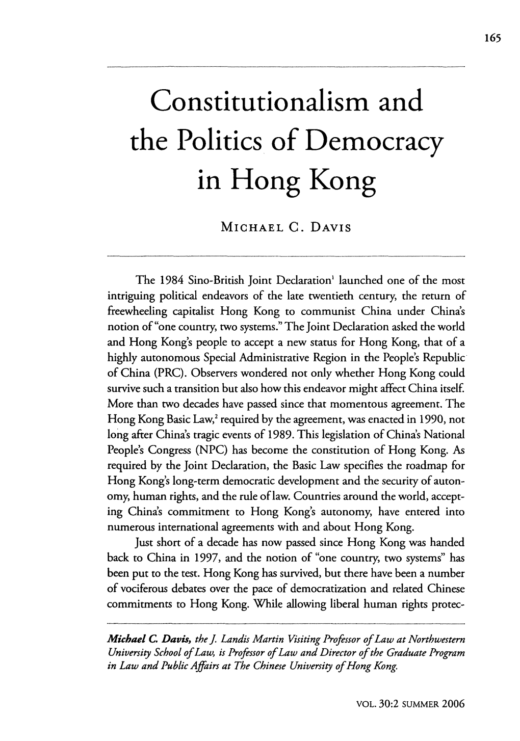 Constitutionalism and the Politics of Democracy in Hong Kong