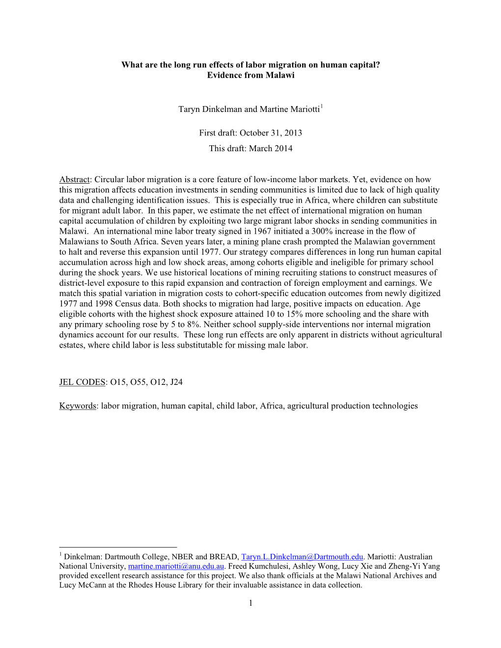 What Are the Long Run Effects of Labor Migration on Human Capital? Evidence from Malawi