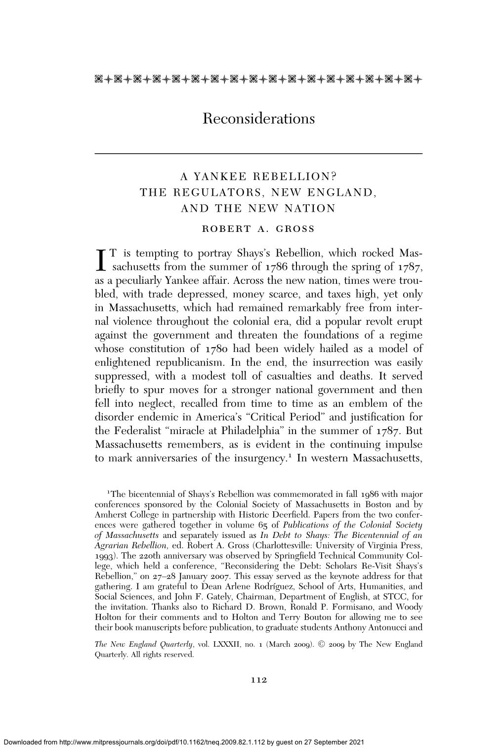 A YANKEE REBELLION? the REGULATORS, NEW ENGLAND, and the NEW NATION Robert A