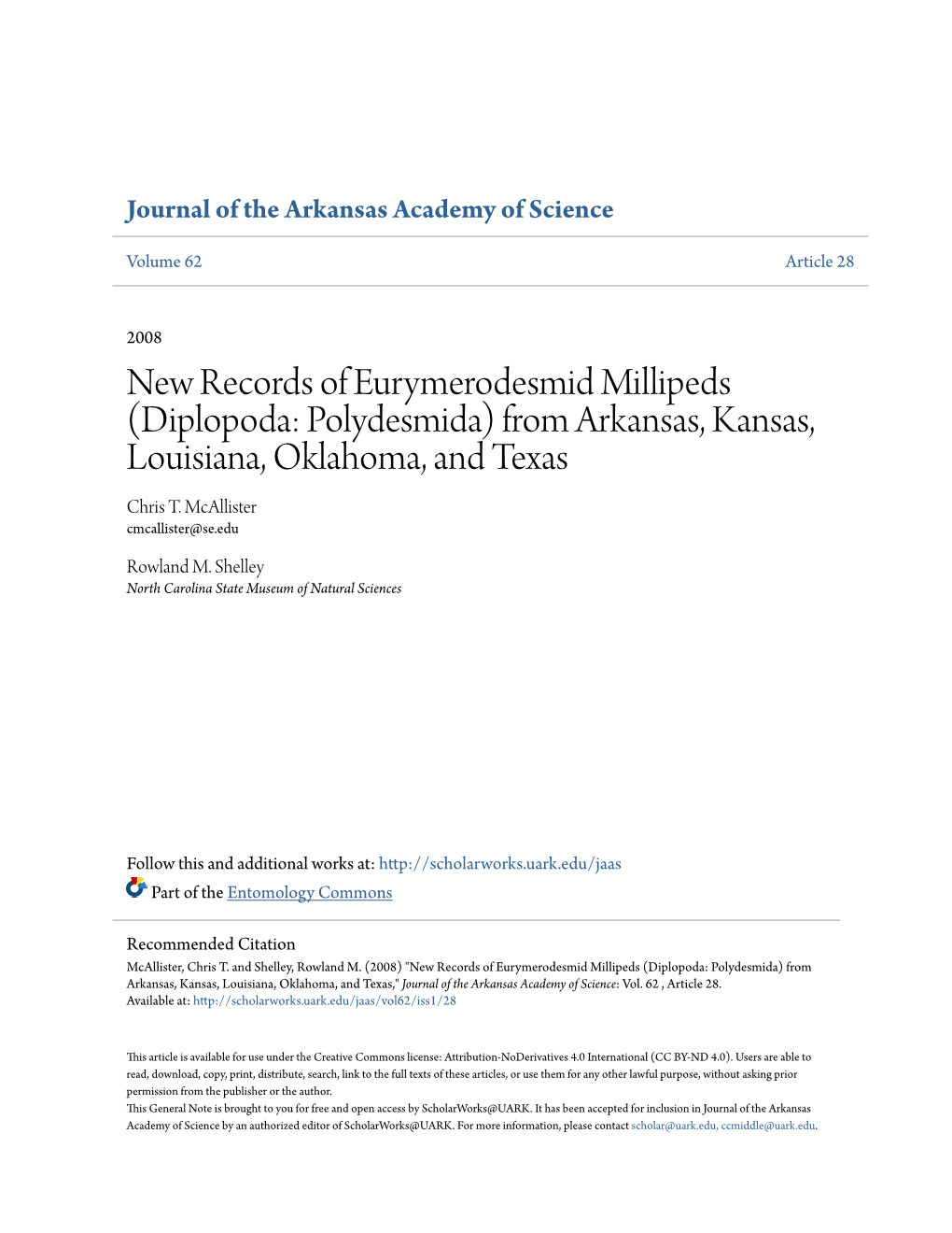 Diplopoda: Polydesmida) from Arkansas, Kansas, Louisiana, Oklahoma, and Texas Chris T