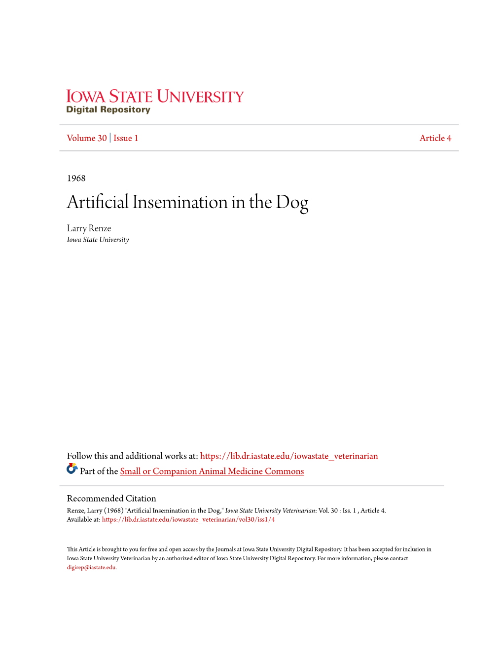 Artificial Insemination in the Dog Larry Renze Iowa State University