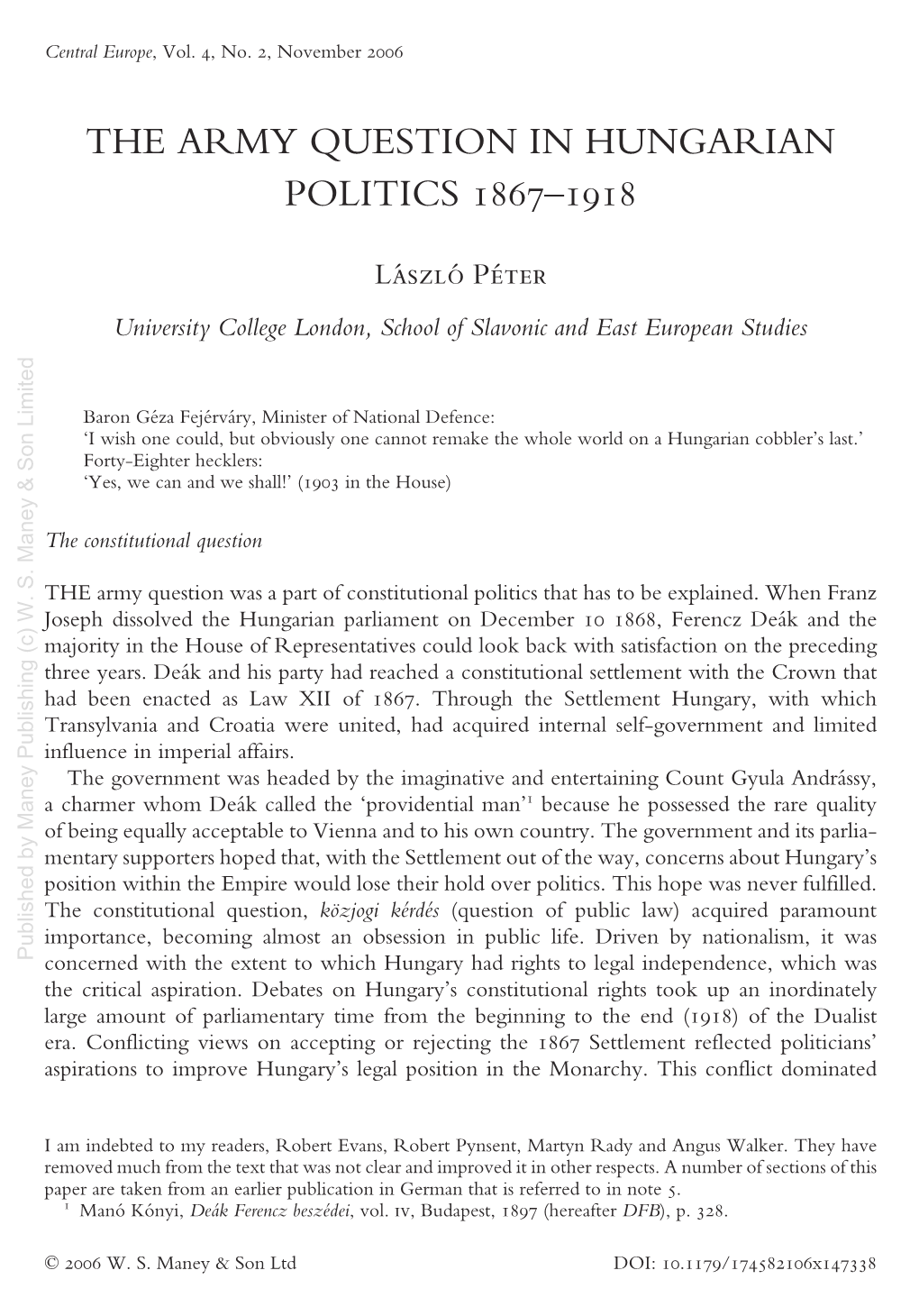 The Army Question in Hungarian Politics 1867–1918