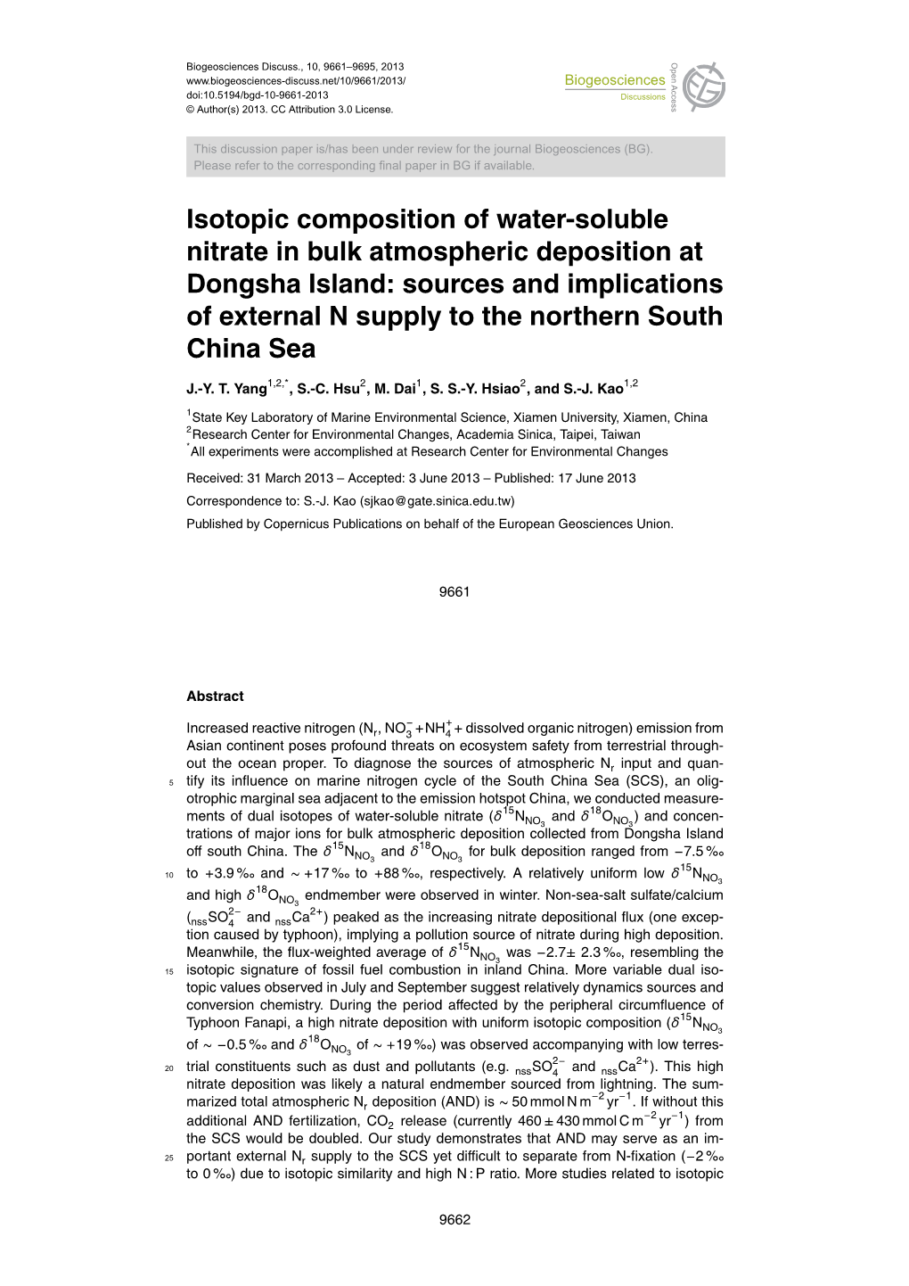 Isotopic Composition of Water-Soluble Nitrate in Bulk Atmospheric