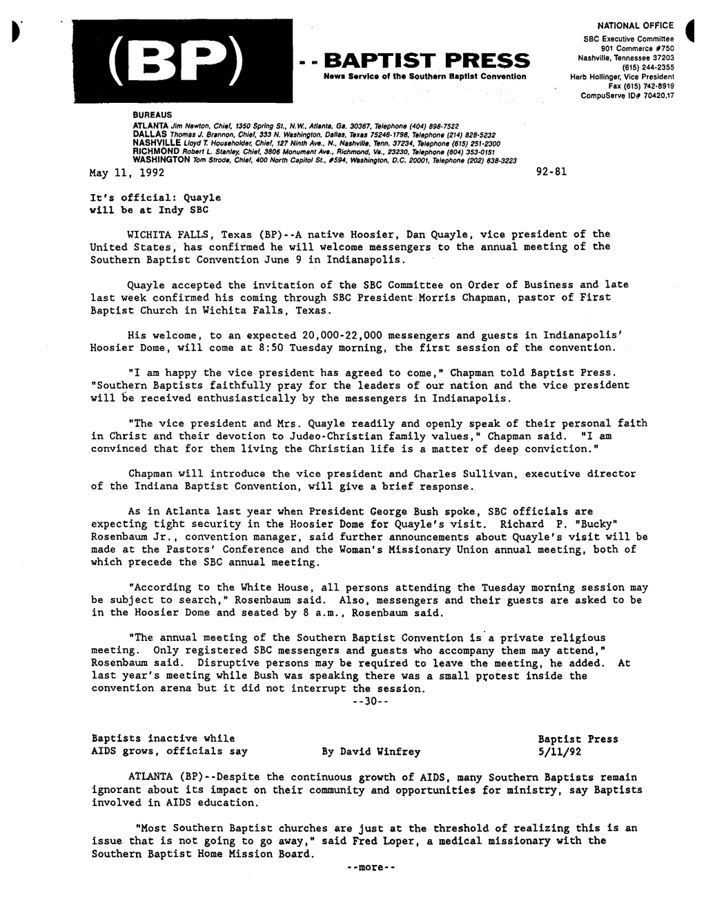 BAPTIST PRESS (615) 244-2355 (BP) News Service of the Southern Baptist Convention Herb Hollinger, Vice President Fax (615) 742-8919 Compuserve 10# 70420,17