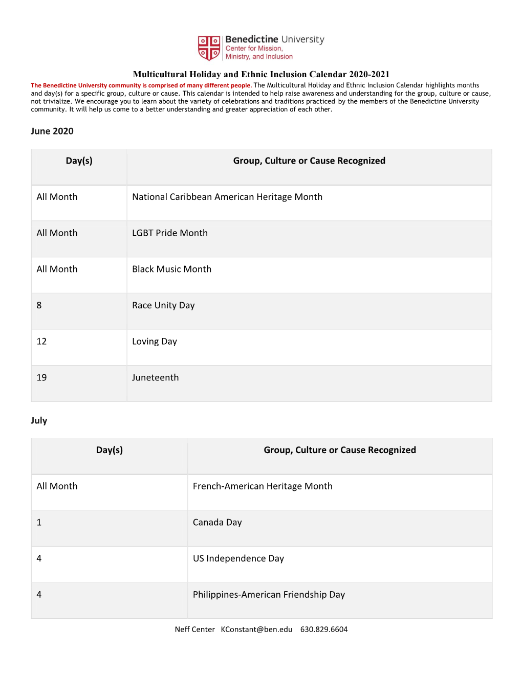 Multicultural Holiday and Ethnic Inclusion Calendar 2020-2021 the Benedictine University Community Is Comprised of Many Different People