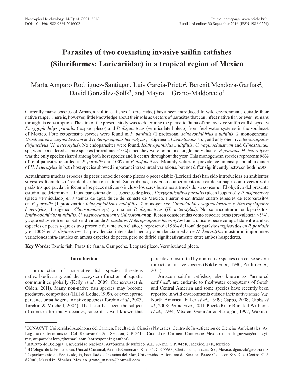 Parasites of Two Coexisting Invasive Sailfin Catfishes (Siluriformes: Loricariidae) in a Tropical Region of Mexico