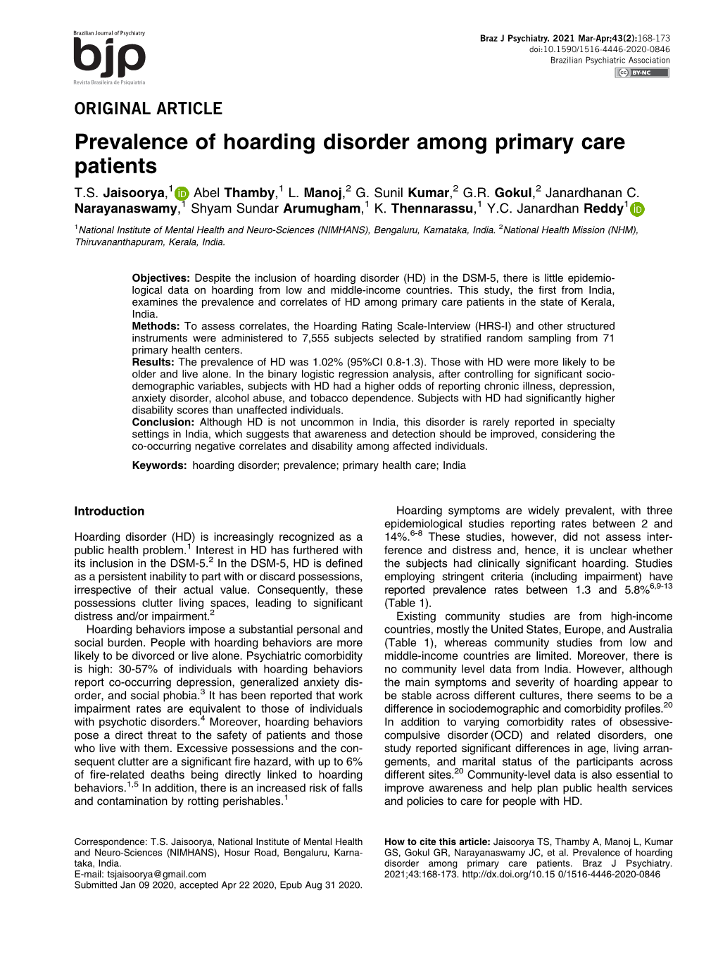 Prevalence of Hoarding Disorder Among Primary Care Patients T.S