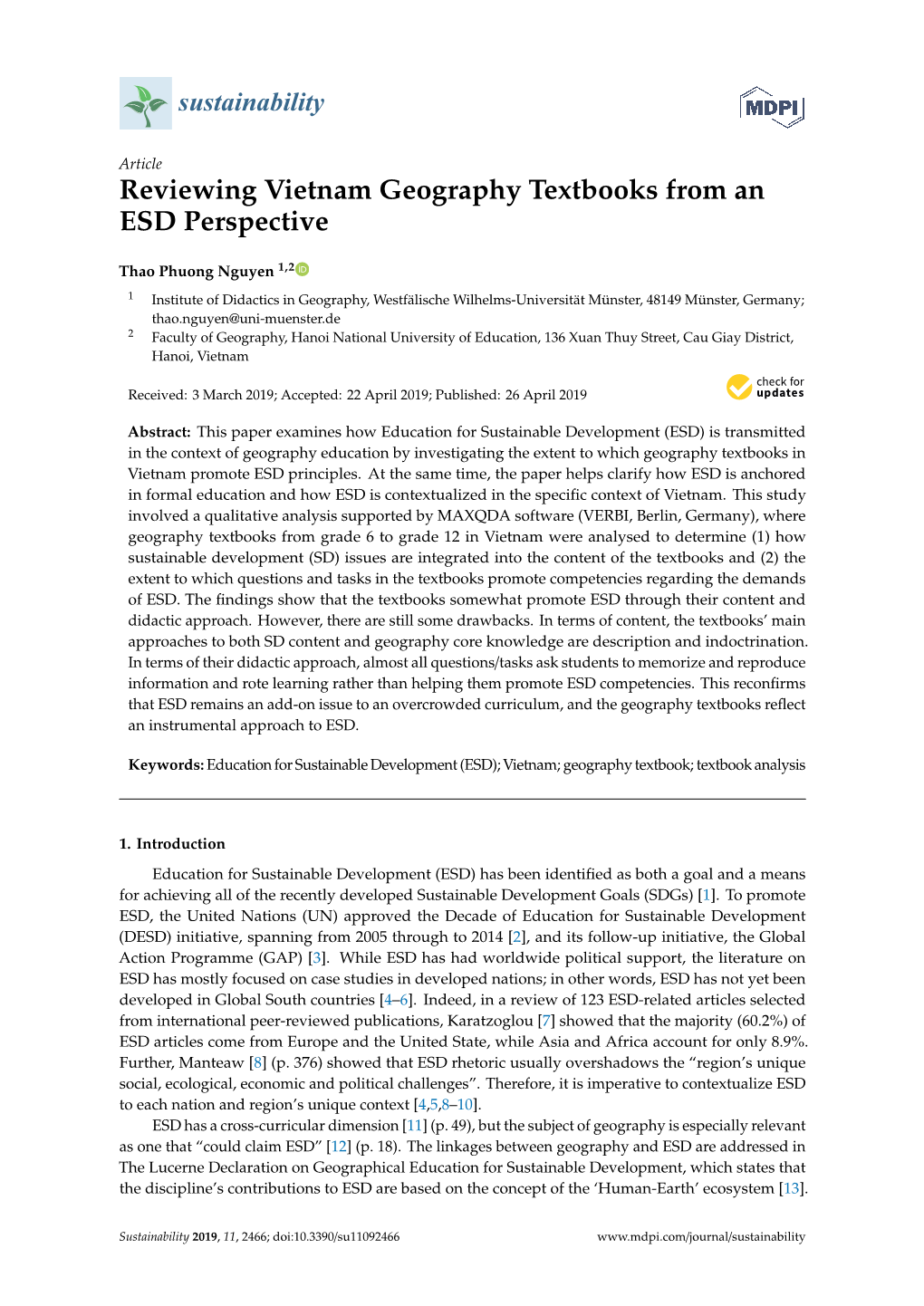 Reviewing Vietnam Geography Textbooks from an ESD Perspective