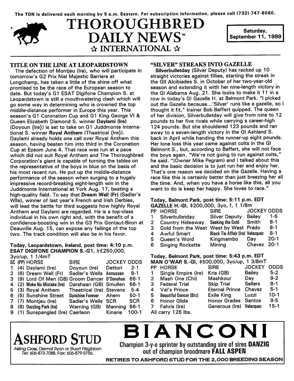 BIANCONI Ashford Stud Champion 3-Y-A Sprinter by Outstanding Sire Ofsires DANZIG Alsling Cross, Dermot Ryan Or Stuart Fitzgibbon Tel: 606-873-7088