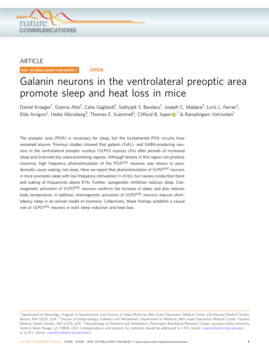 Galanin Neurons in the Ventrolateral Preoptic Area Promote Sleep and Heat Loss in Mice