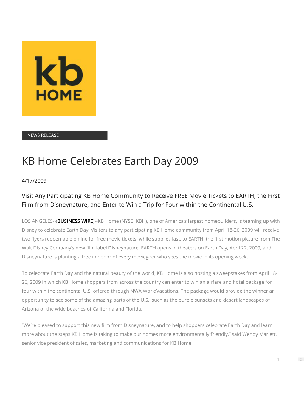 KB Home Celebrates Earth Day 2009