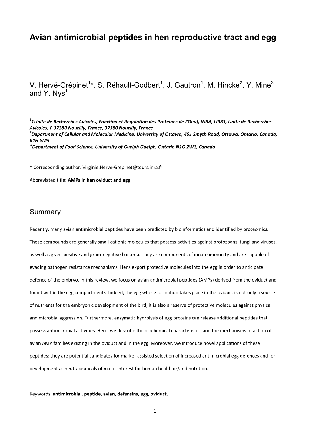 Avian Antimicrobial Peptides in Hen Reproductive Tract and Egg