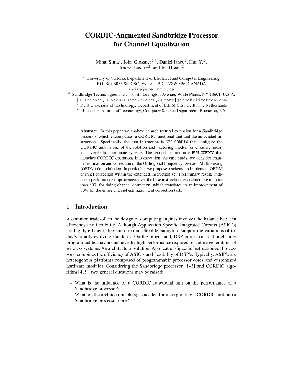 CORDIC-Augmented Sandbridge Processor for Channel Equalization