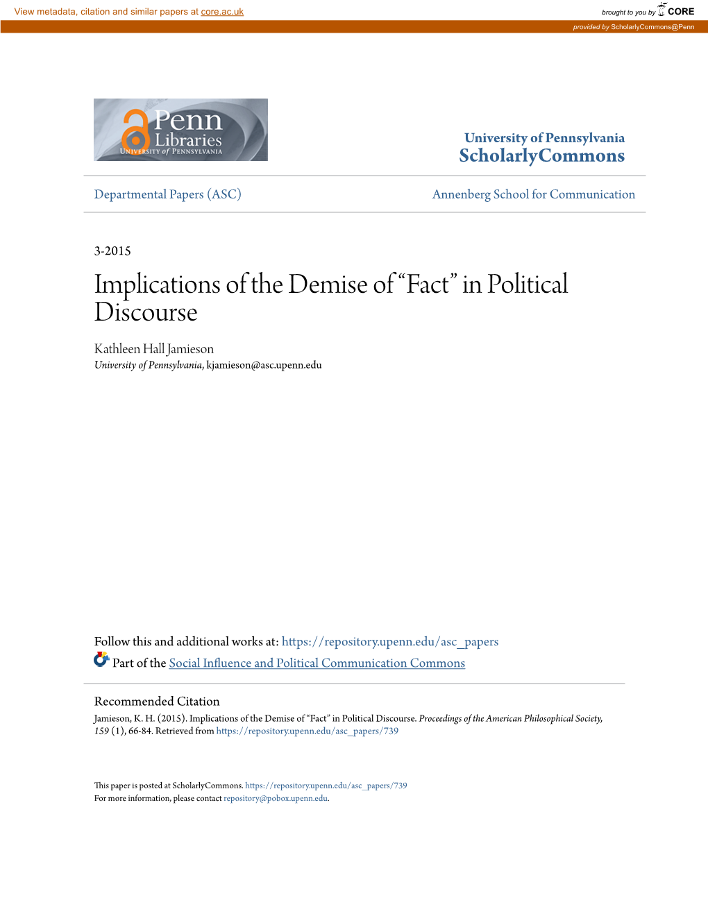 In Political Discourse Kathleen Hall Jamieson University of Pennsylvania, Kjamieson@Asc.Upenn.Edu