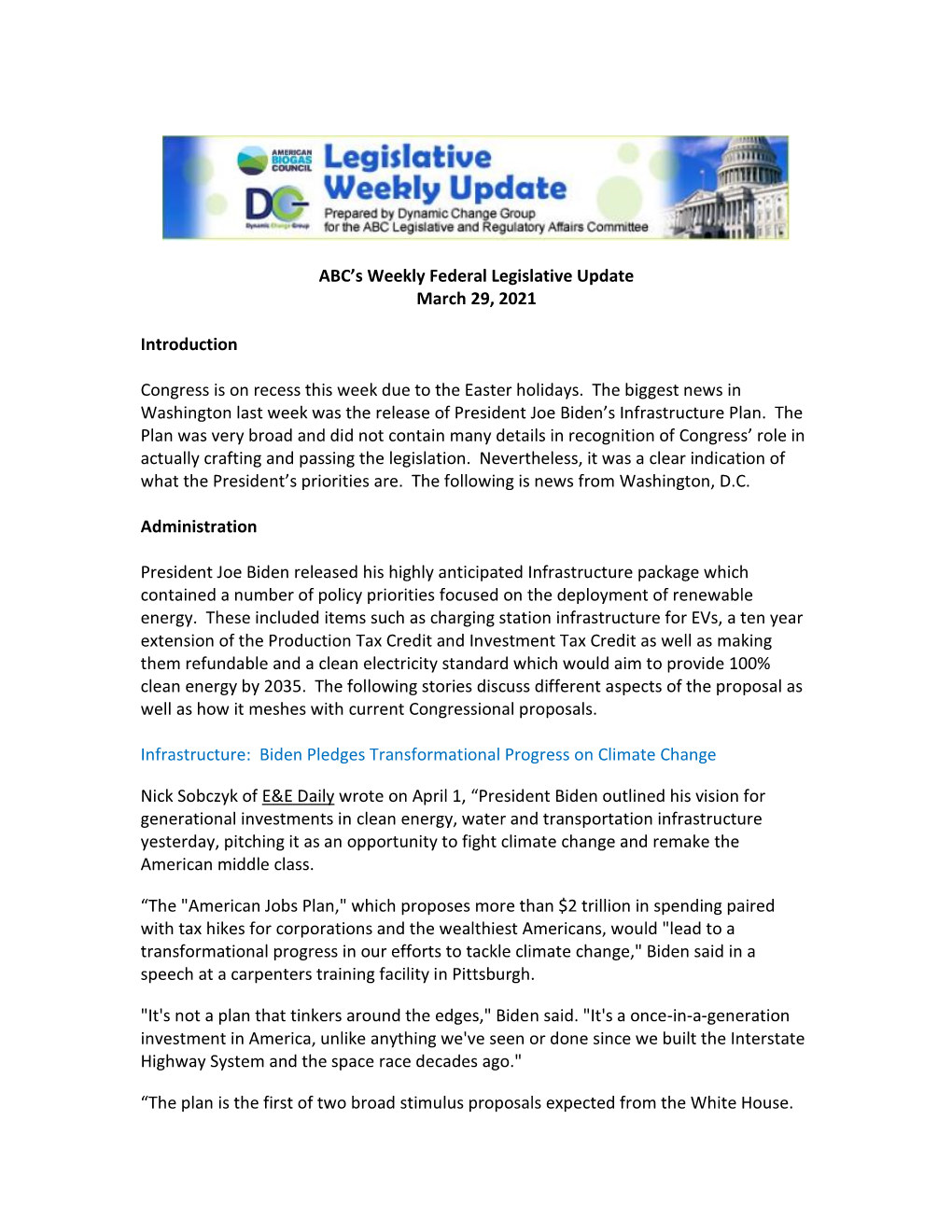 ABC's Weekly Federal Legislative Update March 29, 2021 Introduction