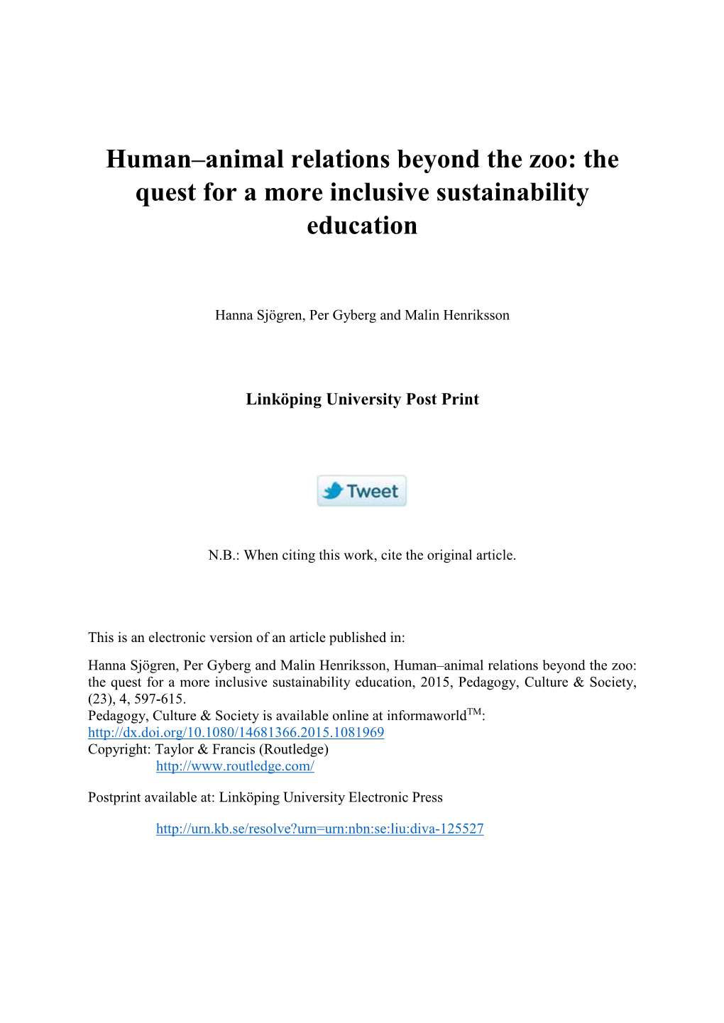 Human–Animal Relations Beyond the Zoo: the Quest for a More Inclusive Sustainability Education