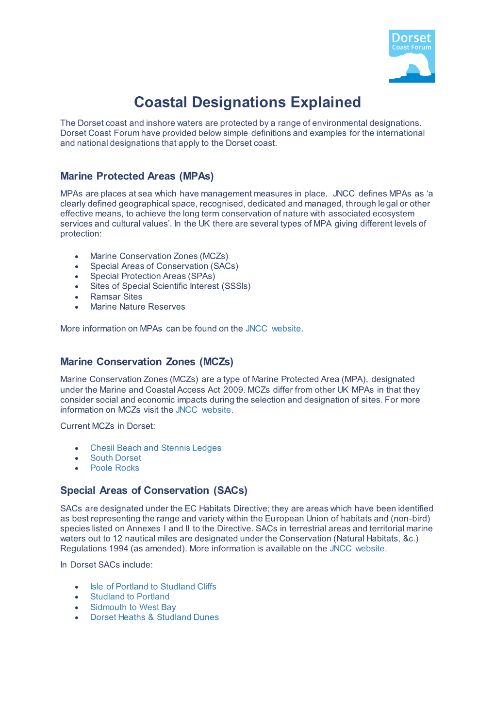 Coastal Designations Explained the Dorset Coast and Inshore Waters Are Protected by a Range of Environmental Designations
