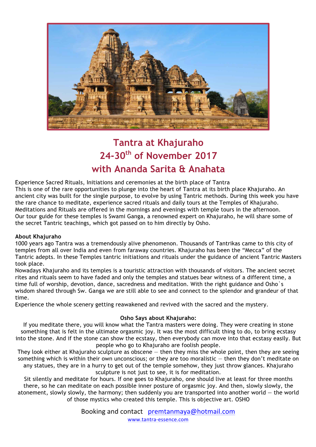 Tantra at Khajuraho 24-30Th of November 2017 with Ananda Sarita