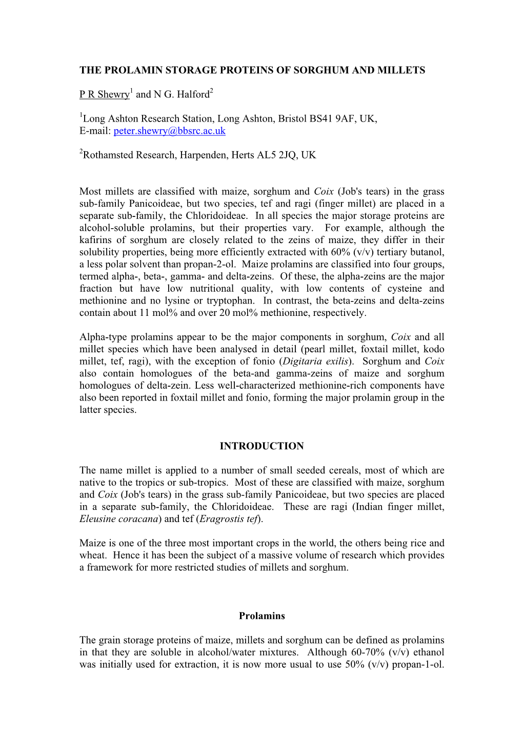 The Prolamin Storage Proteins of Sorghum and Millets