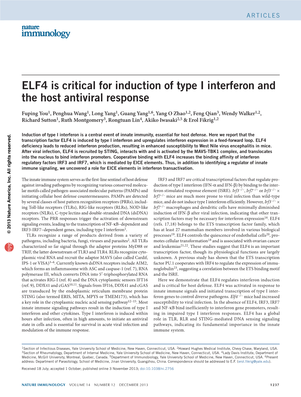 ELF4 Is Critical for Induction of Type I Interferon and the Host Antiviral Response
