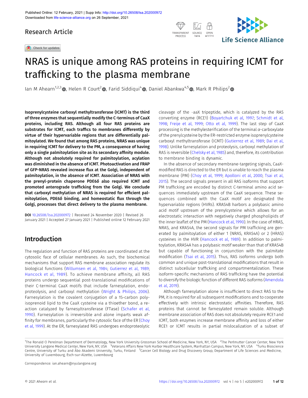 NRAS Is Unique Among RAS Proteins in Requiring ICMT for Trafficking To