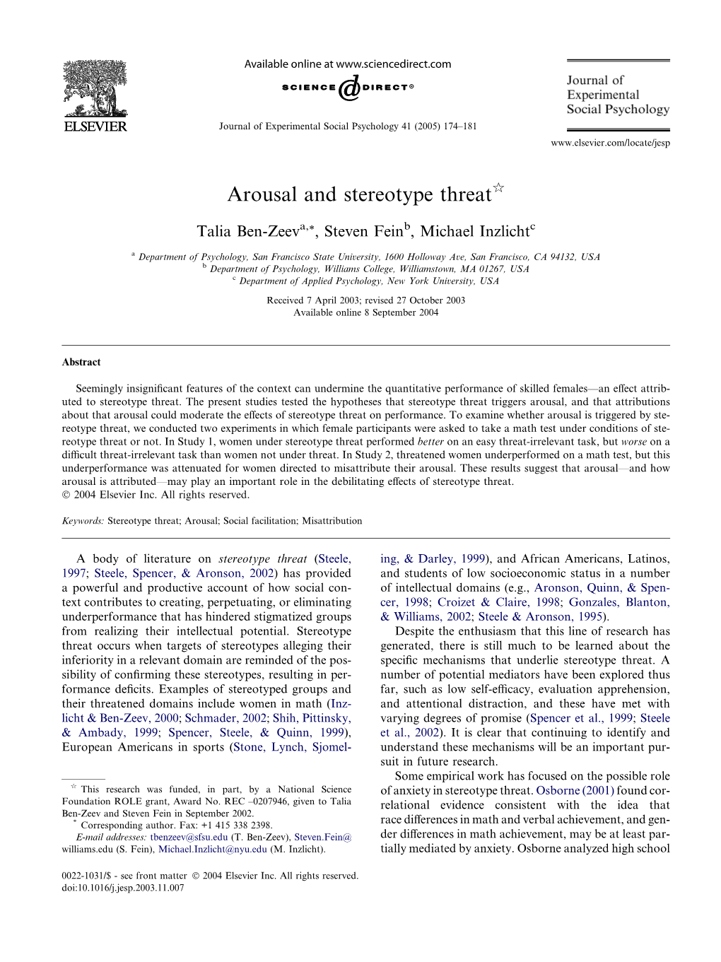 Arousal and Stereotype Threatq