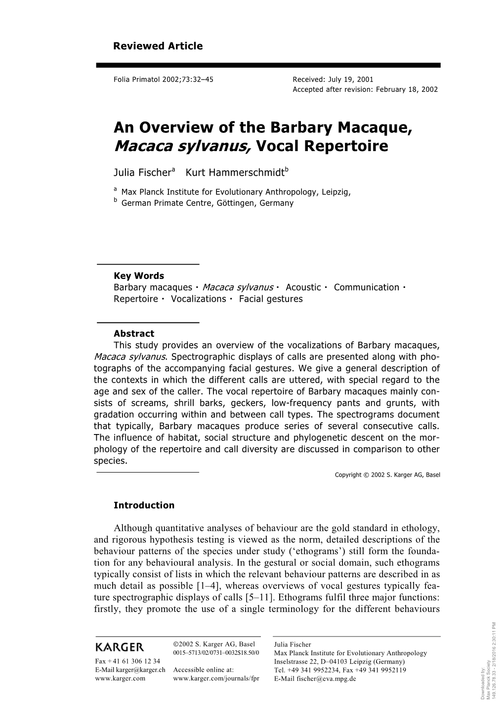 An Overview of the Barbary Macaque, Macaca Sylvanus, Vocal Repertoire