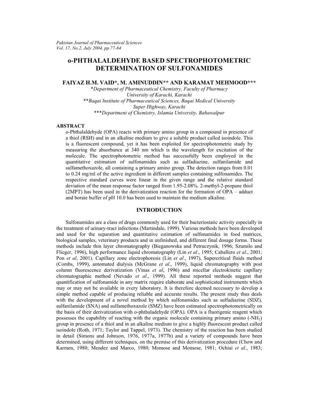 O-PHTHALALDEHYDE BASED SPECTROPHOTOMETRIC DETERMINATION of SULFONAMIDES