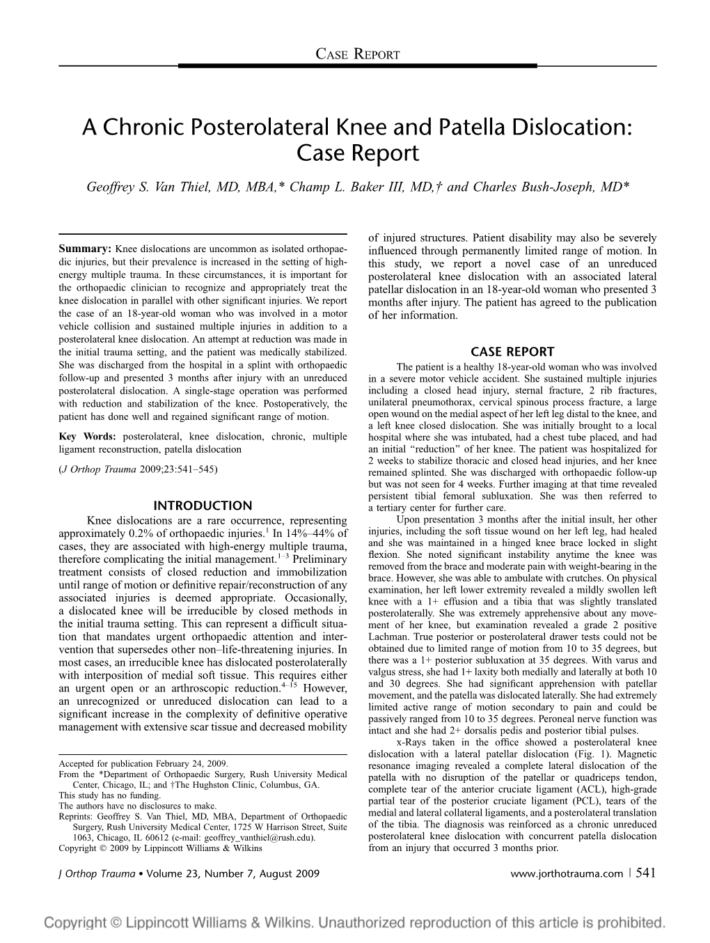 A Chronic Posterolateral Knee and Patella Dislocation: Case Report Geoffrey S