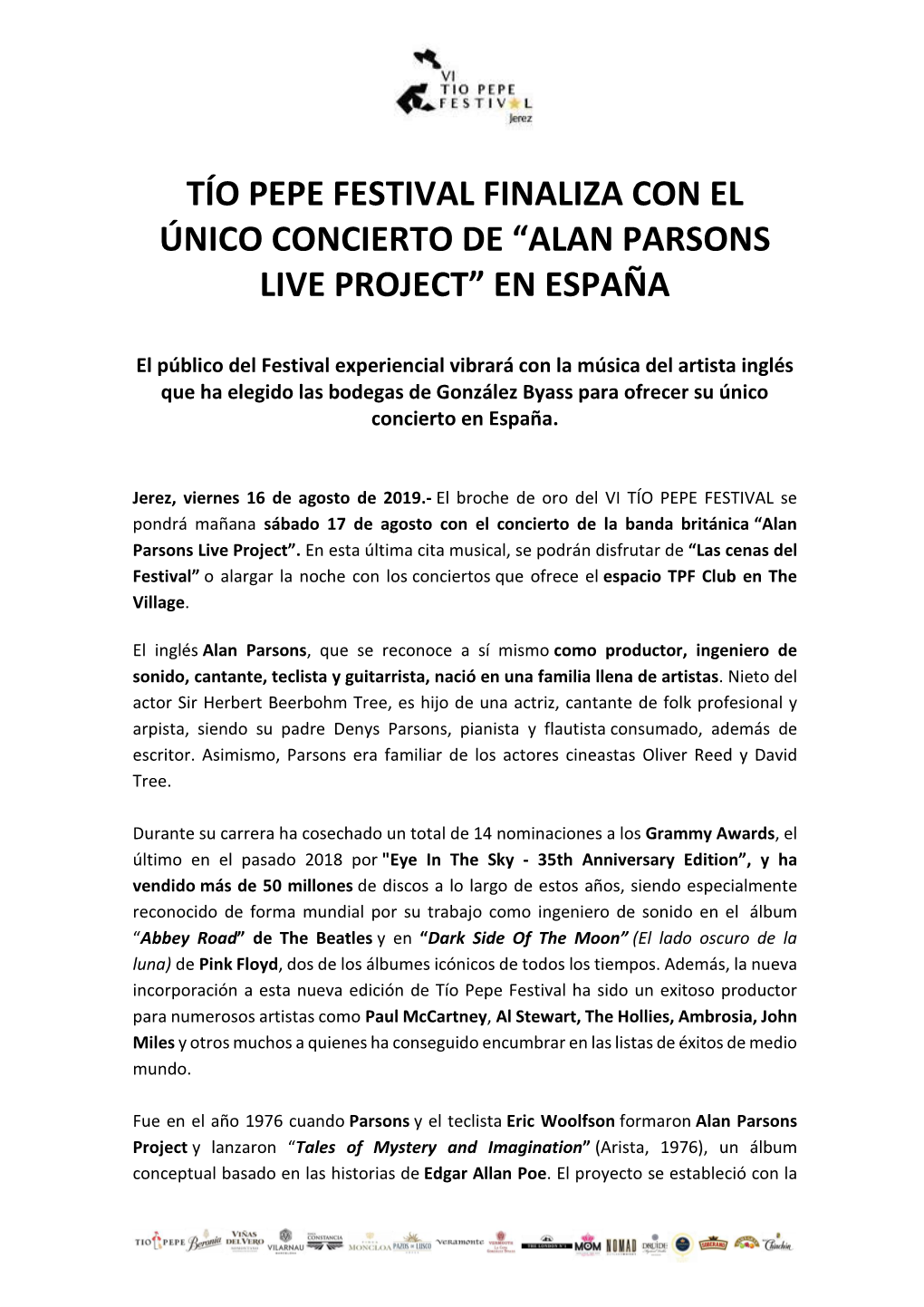 Tío Pepe Festival Finaliza Con El Único Concierto De “Alan Parsons Live Project” En España